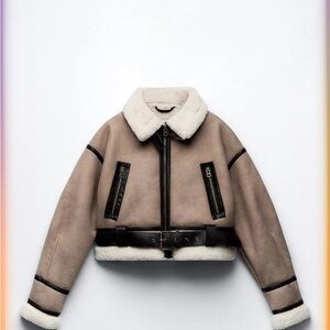 Zara Women's Beige Teddy Jacket with Black Accents